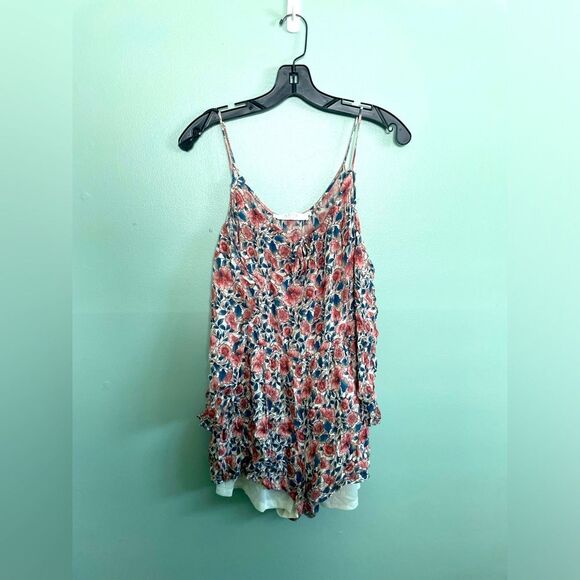 ASTR the Label Cold Shoulder Pink Blue Floral Boho Summer Romper SZ S - Picture 2 of 8